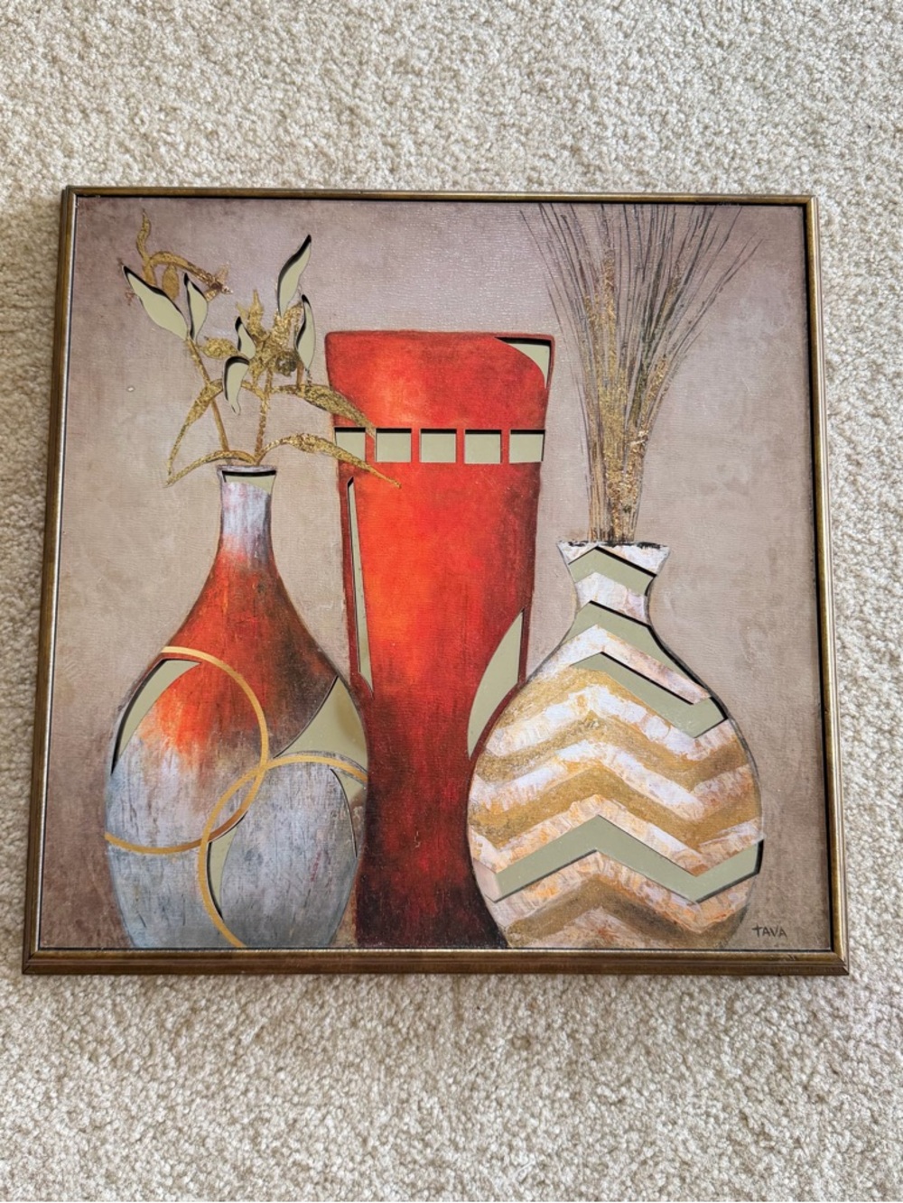 Beautiful Textured Vase Trio Canvas Art with Mirror detailing 15x15
